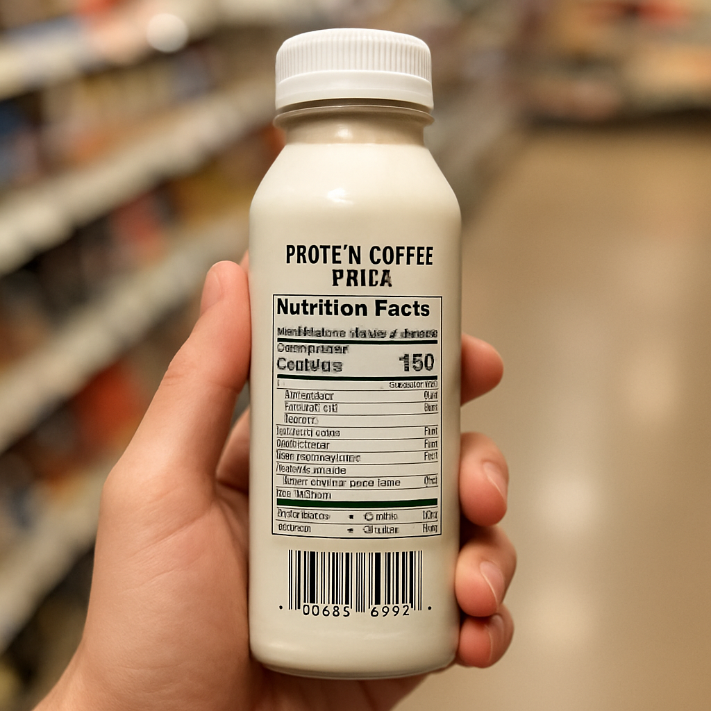 A hand holding a protein drink, barcode facing the camera