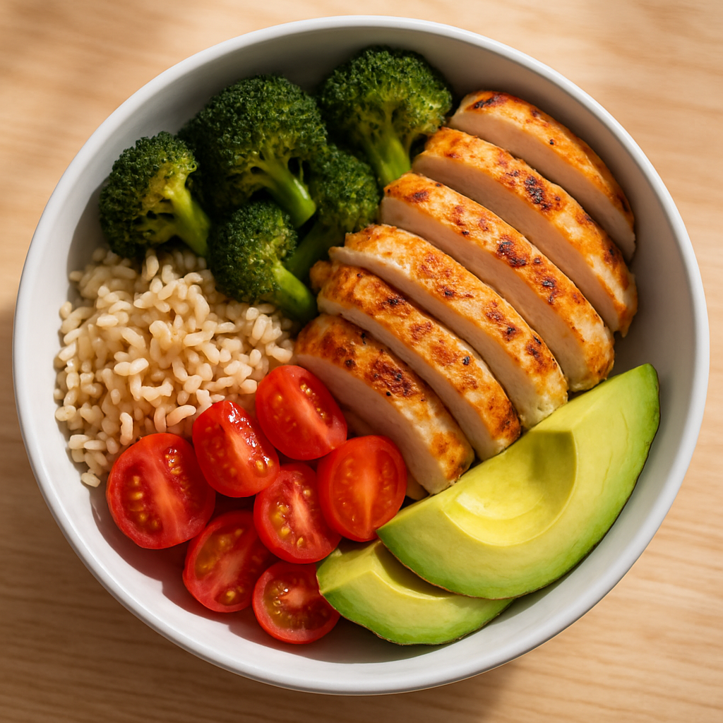 A grilled chicken bowl photographed from above