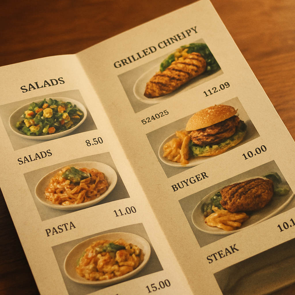 A restaurant menu photographed on a cafe table
